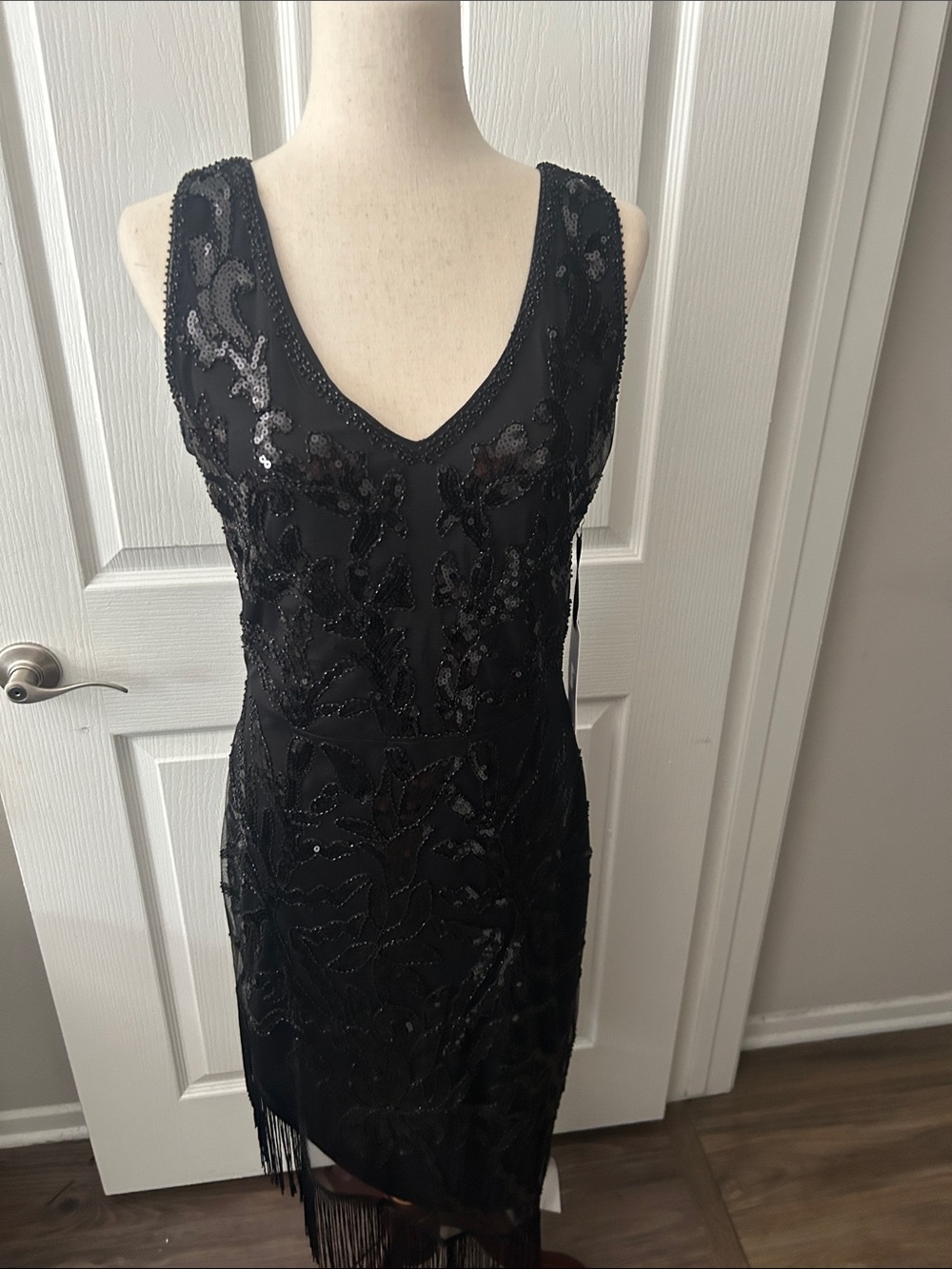 Unique Vintage Black Beaded Asymmetrical Fringe Dress